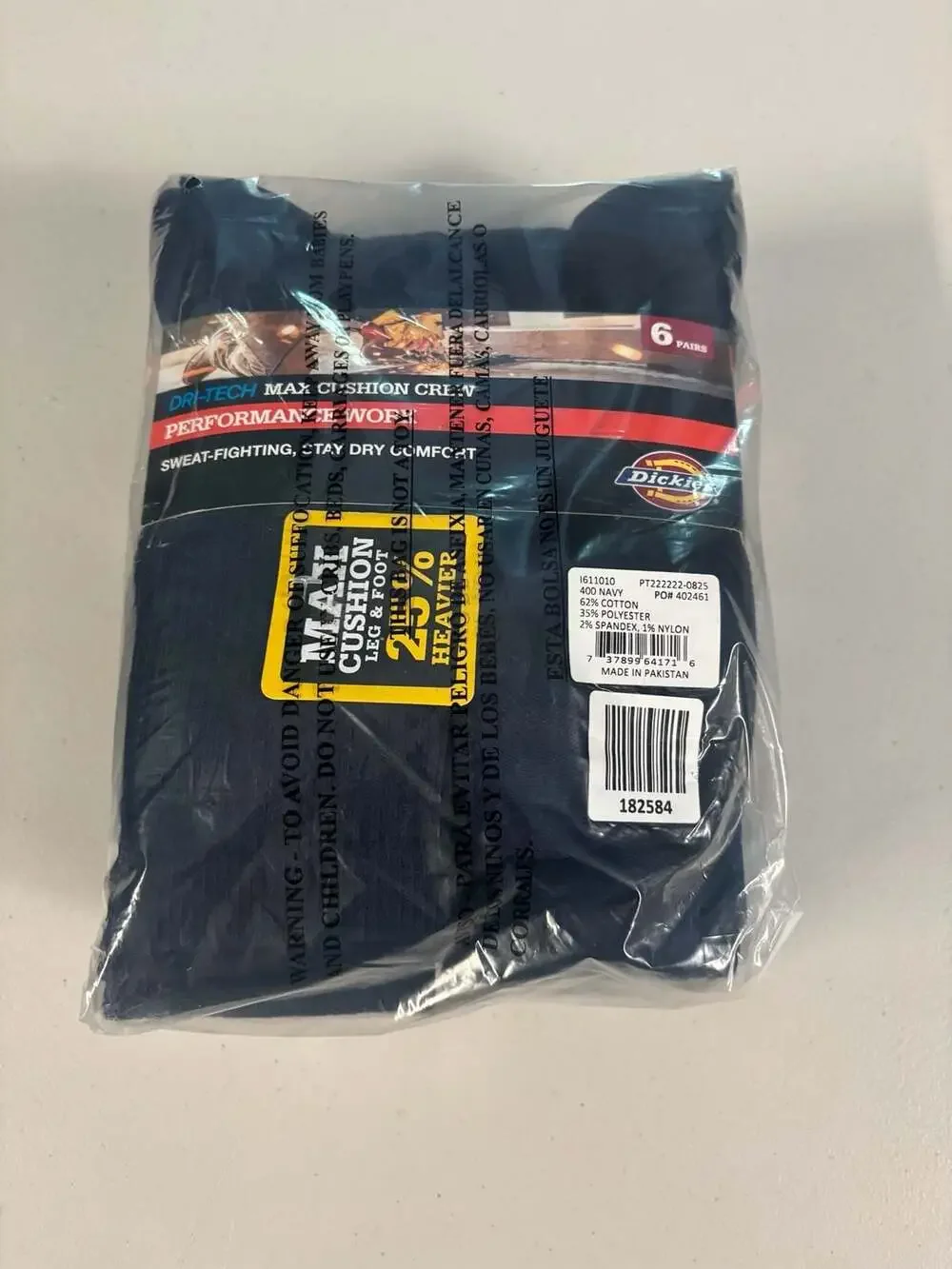 Dickies Dri-Tech Max Cushion Crew Performance Work Socks, 6 Pairs, Navy